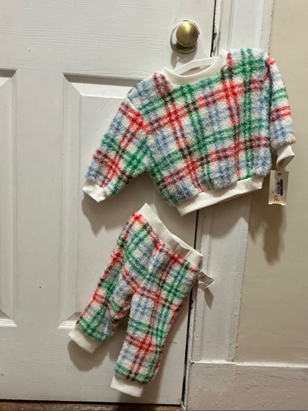 Cat & Jack Fuzzy Plaid Pajama Set - White, Red, Green, Blue
